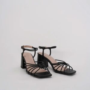 Elegant Black Strappy Sandals with Chunky Heel Square Toe & Adjustable Ankle Strap