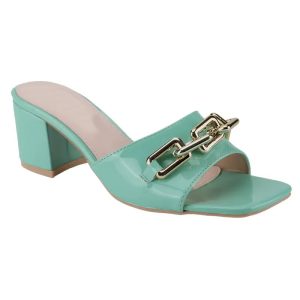 Chunky Heel Slides - Square Toe Chain-Embellished Sandals