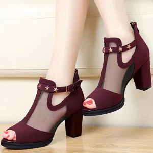 Mesh Peep-Toe Chunky Heel Sandals with Golden Star Accents