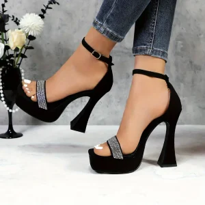 Chunky Platform Heel Sandals - Adjustable Glitter Ankle Straps