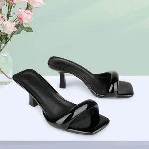 Square Open Toe Heel Sandals Strap Backless Slippers Slip On Mules High Stilettos Dressy Pumps For Daily
