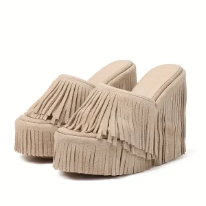 Elegant Tassel Platform Wedge Sandals - Slip-On Round Open Toe with Fringe Detail