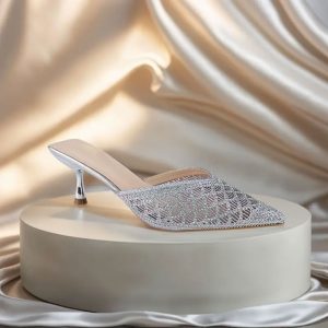 Bridal Crystal Embellished Heels - Open-Back Pointed Toe Summer Sandals