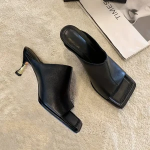 Square-Toe Stiletto Heel Sandals - Slip-On Mid Heel Synthetic Cover Black Dress Shoes for Summer Fashion