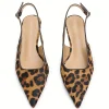 Leopard Print Slingback Kitten Heels - Pointed Toe Low Block Heel Pumps with Adjustable Buckle Strap