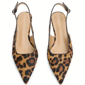 Leopard Print Slingback Kitten Heels - Pointed Toe Low Block Heel Pumps with Adjustable Buckle Strap