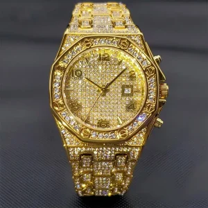 Gold Watches For Men Full Iced Diamond Men's Quartz Watch Luxury Fashion Calendar Wristwatch