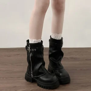 Winter Women Biker Boots Fashion Belt Buckle Ladies Elegant Platform Flats Short Booties Casual Women’s Knight Booties