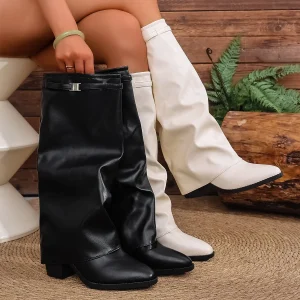 Women’s Fashion Folding Knee-high Boots Winter Solid Color Non-slip Thick-soled Wide-leg PU Leather Fashion Boots
