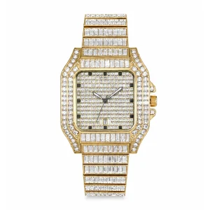 Gold Iced Watch For Men Rectangular Gemstone Square Luxury Quartz Watches