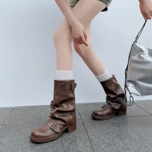 Pleated Buckle Knight Boots for Women Autumn Brown PU Leather Mid Calf Boots Woman Slip-On Thick Heel