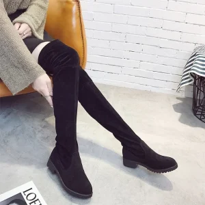 Autumn Faux Suede Women Heels Zipper Elastic Knee High Boots Women Tube Lace-up Thigh Gigh Boots