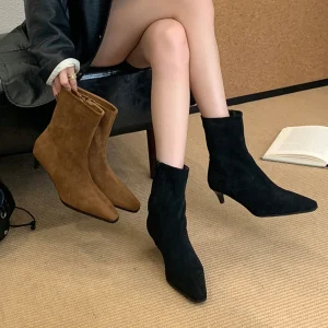 Autumn Winter Ankle Boots for Women Fashion Pointed Toe Faux Suede Side Elegant Zipper Low Heel Shoes Party Casual Female Pumps