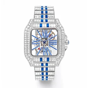 Men's Blue Watches Sport Luxury Style Quartz Watches For Man Iced Rectangular Diamond Unique Square Hand Clock